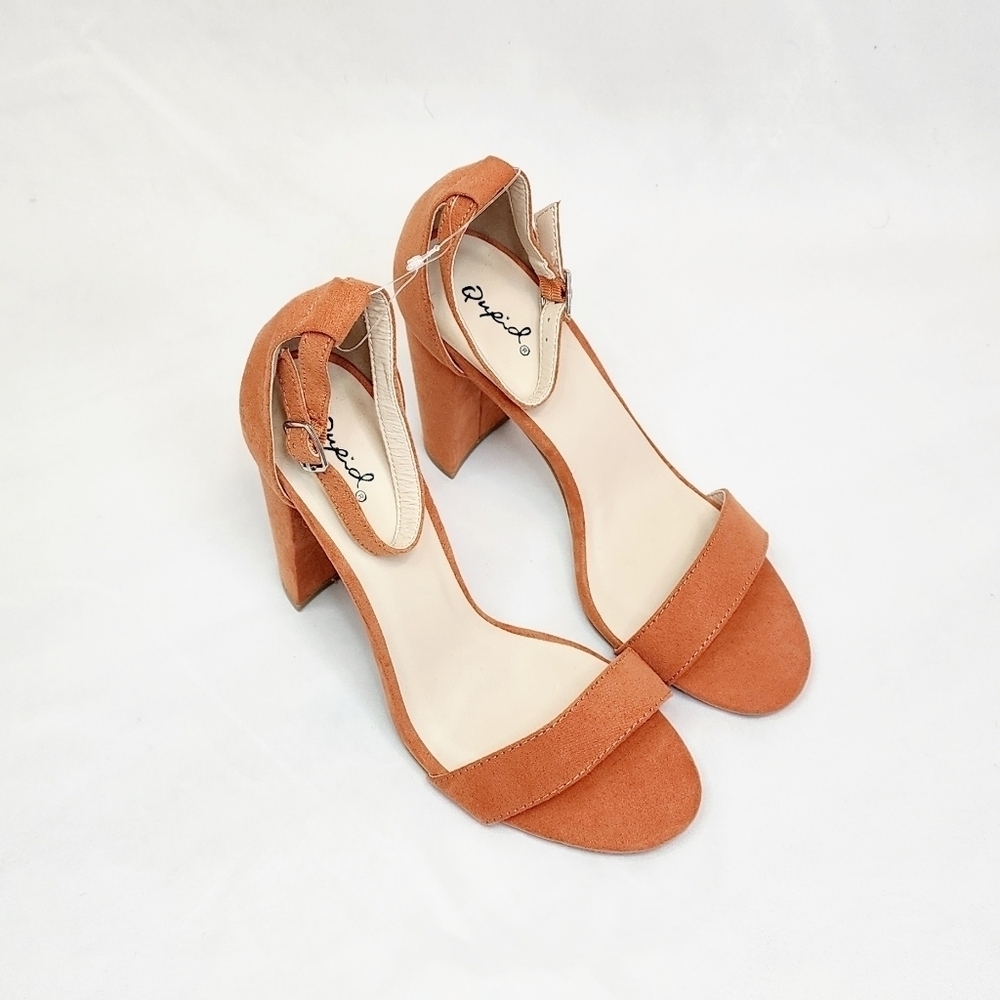 Qupid Faux Suede Rust Ankle Strap Chunky Sandal 4" Heels